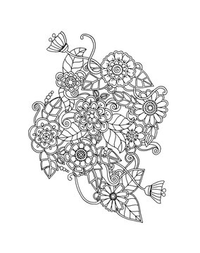 Ethnic floral zentangle, doodle floral background pattern in vector. Henna paisley mehndi doodles design tribal design element. Monochrome pattern for coloring book for adults and kids.