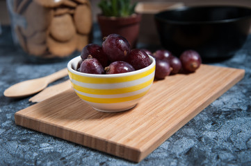 Fresh grape fruits on marble table. Flat lay.