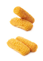 Pile of breaded crab sticks isolated