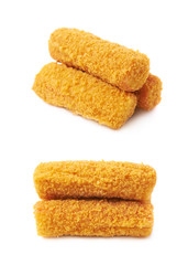 Pile of breaded crab sticks isolated