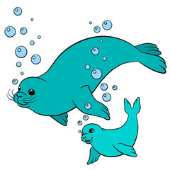 Cartoon animals. Mother fur seal swims with her baby.