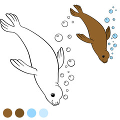 Coloring page with colors. Little cute brown seal swims.
