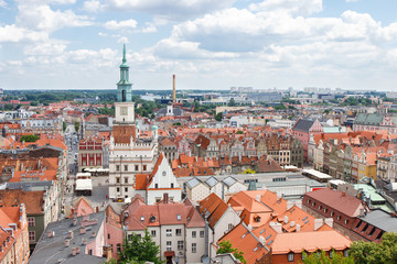 Naklejka na ściany i meble Poznan, Poland - June 28, 2016: Town hall, old and modern buildings in polish city Poznan