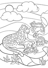 Coloring pages. Mother jaguar with her little cute cubs.