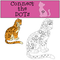 Educational game: Connect the dots. Cute spotted jaguar smiles.