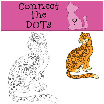 Educational game: Connect the dots. Cute spotted jaguar smiles.