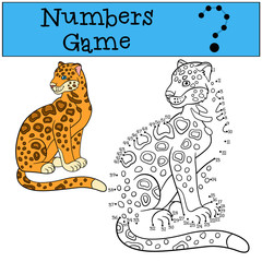Educational game: Numbers game. Cute spotted jaguar smiles.