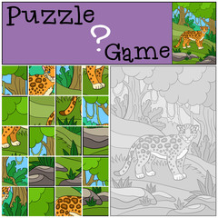 Naklejka premium Education game: Puzzle. Cute jaguar in the forest.