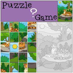 Naklejka premium Education game: Puzzle. Cute jaguar on the stone.