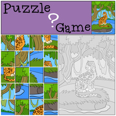 Naklejka premium Education game: Puzzle. Cute jaguar in the forest.