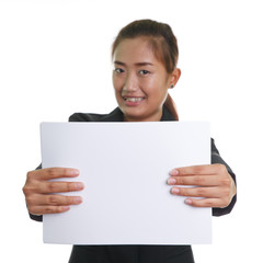 Young Business Woman Holding Blank Placard