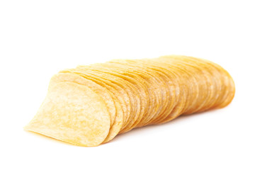 Stack of multiple potato chips isolated