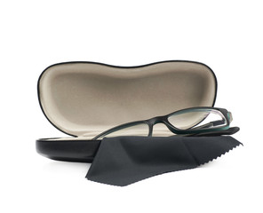 Black leather case for glasses isolated