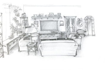 freehand sketch perspective architectural drawing of living room
