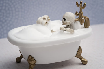 Skeleton kid and skeleton dog getting bath