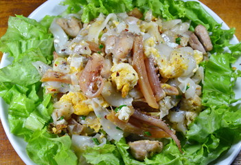 stir fried rice noodle with chicken and crispy pickled squid on dish