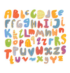 Ethnic bright vector alphabet, coloring book page. Hipster Graphic font. Primitive simple stylized colored ABC design. Funny Doodle elements, childish ornament. Hand drawn vector illustration.