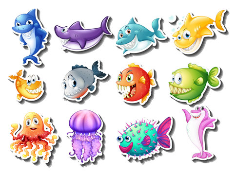 Sticker set of sharks and fish