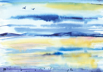 Watercolor painting background. Sunset seascape. - 115977080