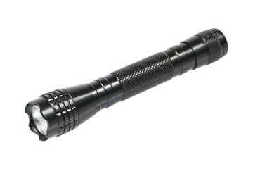 one black flashlight isolated on white