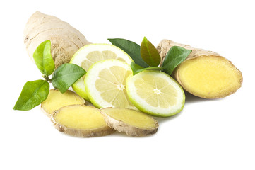 Fresh sliced ginger root lemon and leaves on the white