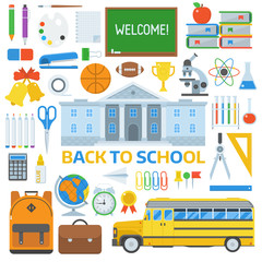 Back to school appliances. Start education elements collection. Schoolbag, bus, college building, chalkboard, schoolbus, stationery. Elementary school year icon set. 