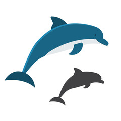 Jumping dolphins  flat and outline design. Sea animal illustration. Marine creatures. Sea dolphin fish vector illustration.
