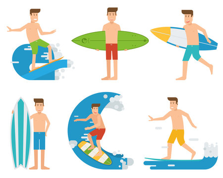 Surfer set. Surfing people with surfboards in different poses. Surfboarders riding on waves. Surfers in motion collection. Summer water activity men characters.