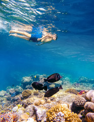 Underwater shoot of a young boy snorkeling in red sea