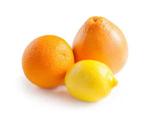 Orange, grapefruit and lemon isolated on white background