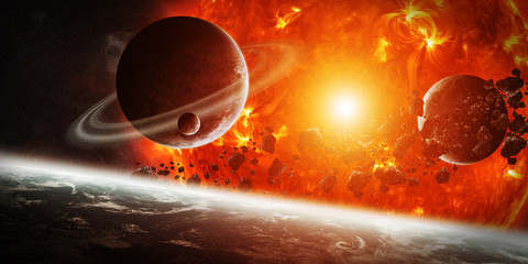 Exploding sun in space close to planet