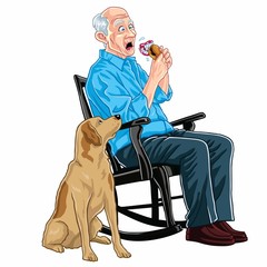 Old Man Sitting On A Rocking Chair Eating Burger With HIs Dog