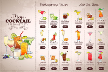 Front Drawing horisontal cocktail menu - obrazy, fototapety, plakaty