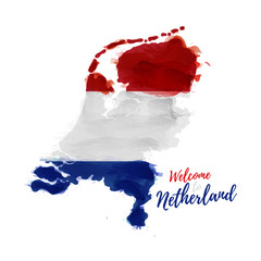 Symbol, poster, banner Netherlands. Map of Holland with the decoration of the national flag. Style watercolor drawing. Vector