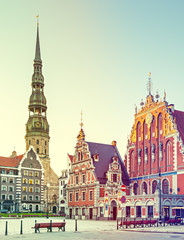 Hall town square with museum of House of Blackheads and Saint Peter church in Riga - capital and...
