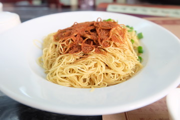Braised noodle shrimp Egg in plate