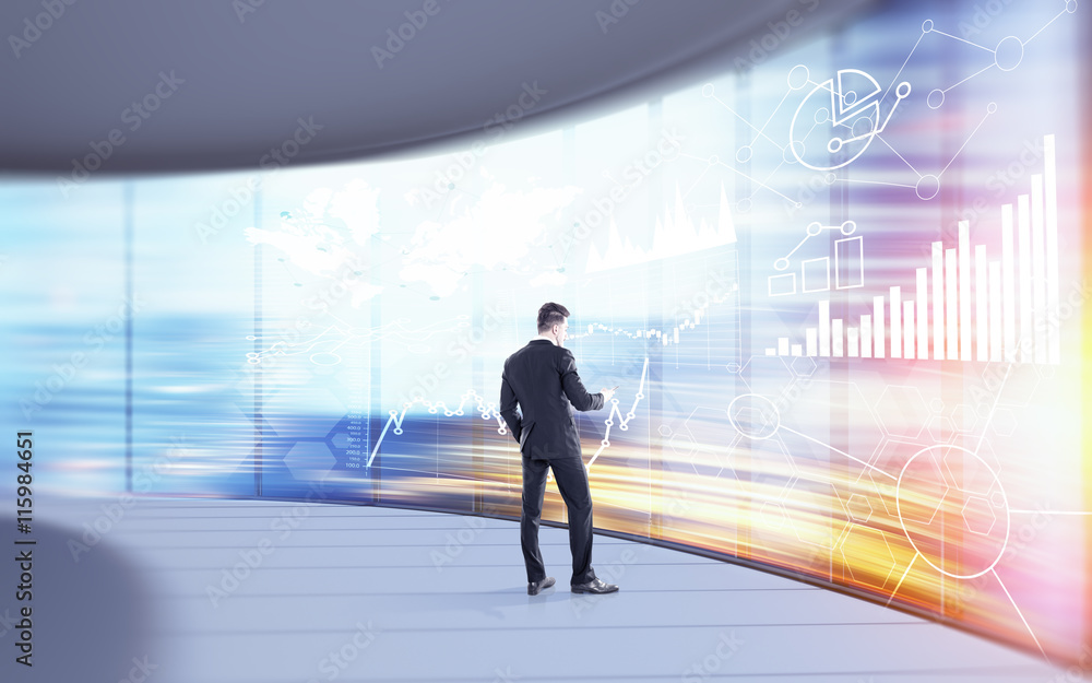 Poster man using phone against graphs