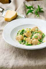 buckwheat nudi  with green peas and parmesan