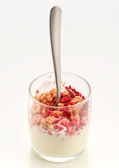 glass of yogurt and cereals with red fruits