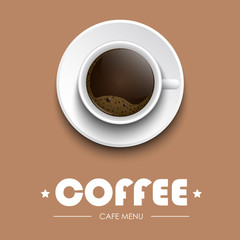 Coffee cup on a brown background with text
