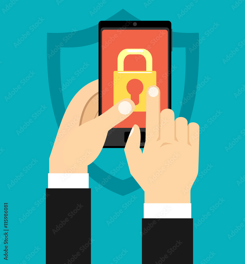 Poster mobile security app on smartphone screen. user touch screen. flat design vector illustration