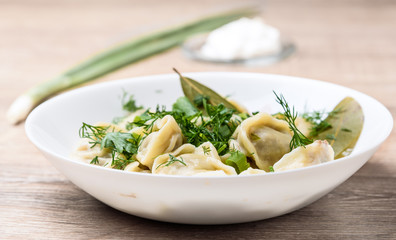 plate of traditional Russian dumplings sprinkled with herbs on wooden table