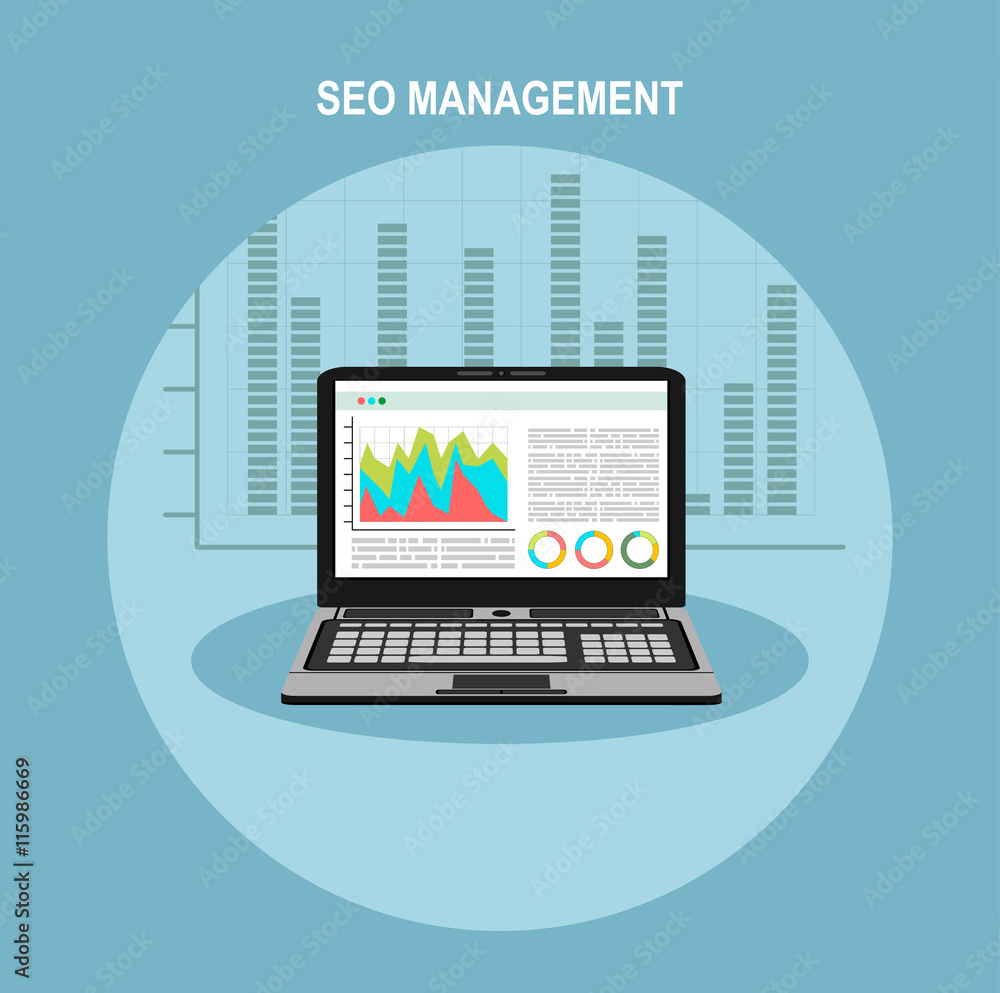Poster seo management and website search optimization. flat design. vector illustration.