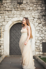 Young woman with long dress and hair posing in park  near old gate