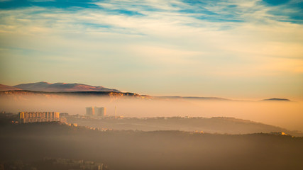 foggy sunset in the bay of Trieste