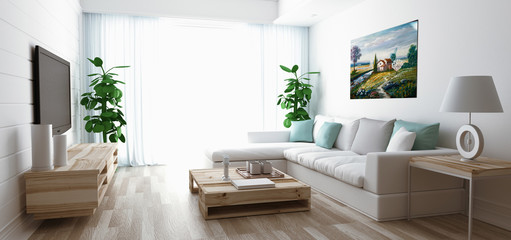 Soggiorno moderno con divano, televisore e parquet