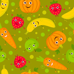 Organic food seamless pattern. Vector cartoon fruit and vegetables on a green background. Baby design. Seamless pattern can be used for wallpapers, pattern fills, surface textures.