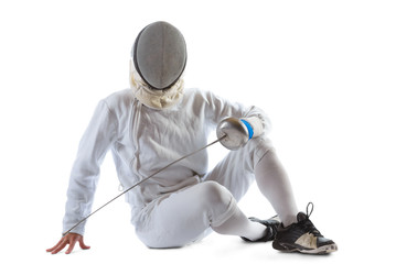 Fencing athlete wins the competition isolated in white background