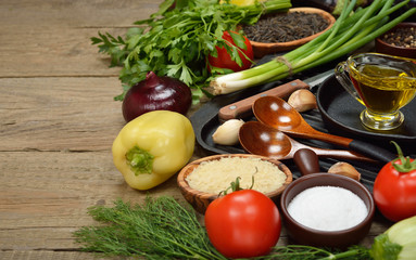 Various vegetables and pan