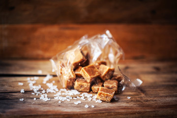 Salted caramel pieces and sea salt macro. Butter caramel candy m